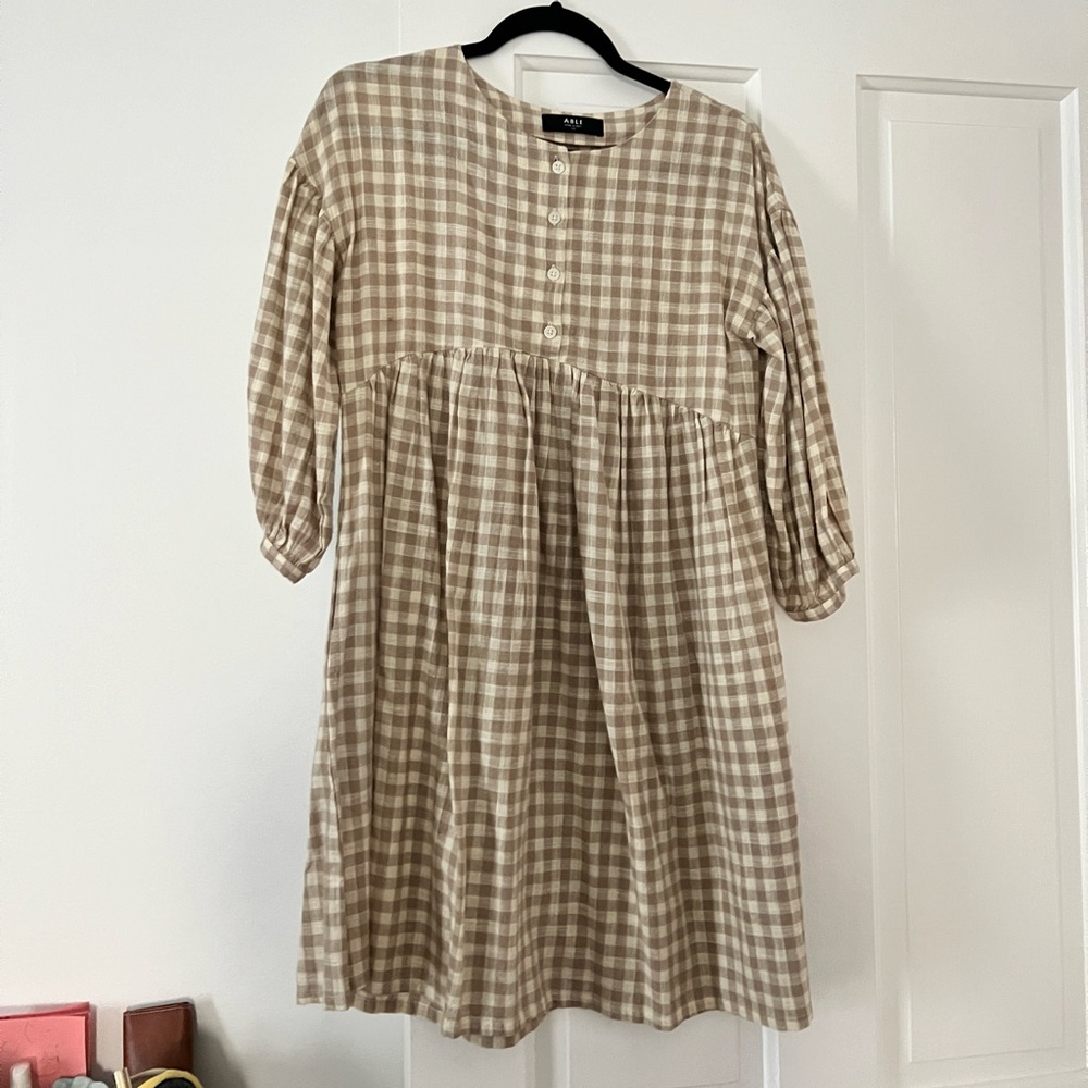 Able Tan and Cream Gingham Puff Sleeve Baby Doll Dress